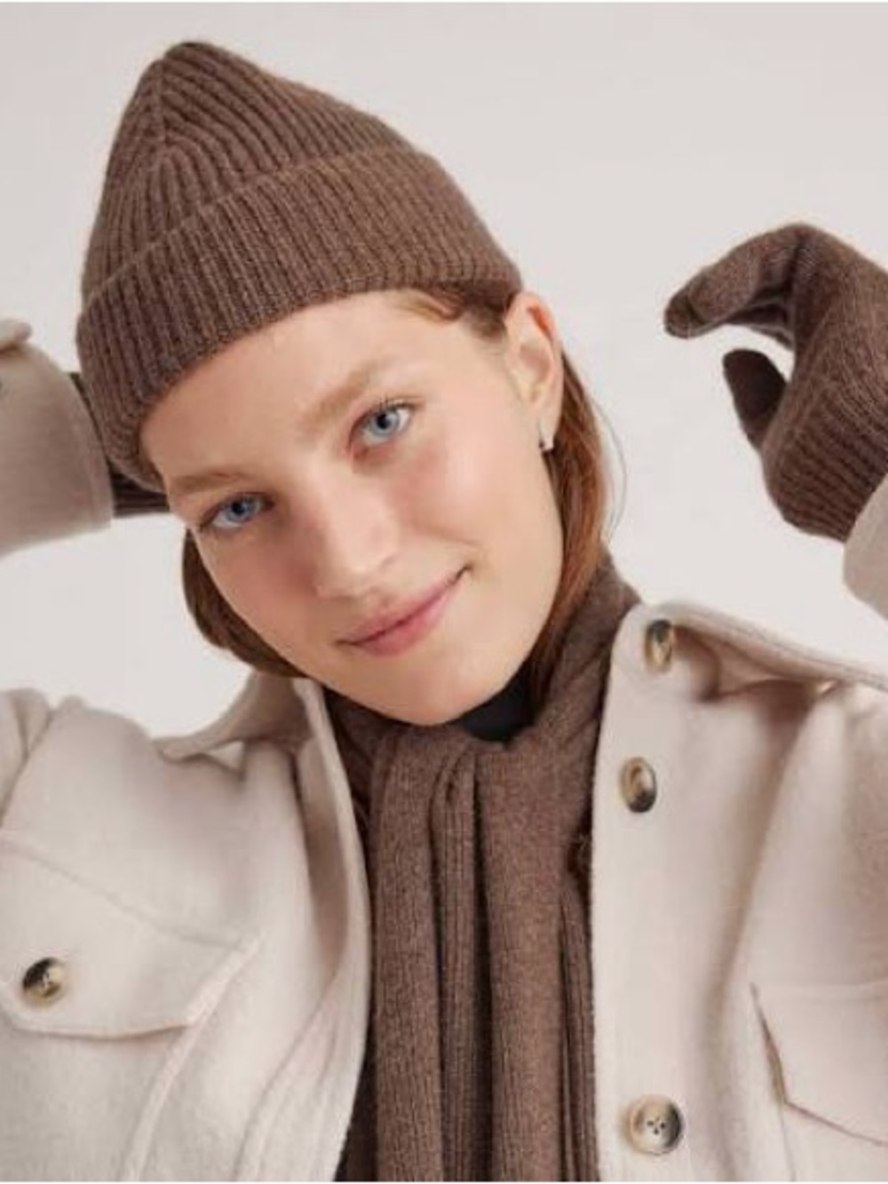 Quince Mongolian Cashmere Brown Ribbed Knit Beanie and Mittens Set
